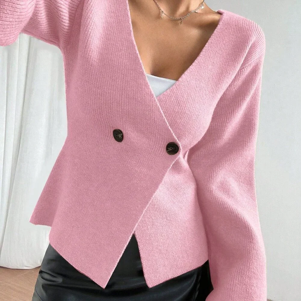 Pink Casual Women's Waist-button Cinched knit Cardigan - Picture 4 of 7